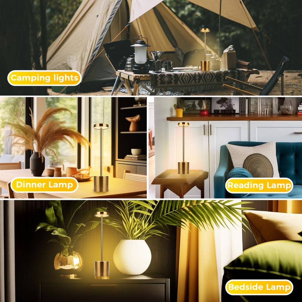 13.4 In. Gold Cordless Rechargeable Integrated LED Table Lamp, Modern Portable Stepless Brightness Desk Lamps (2-Pack)