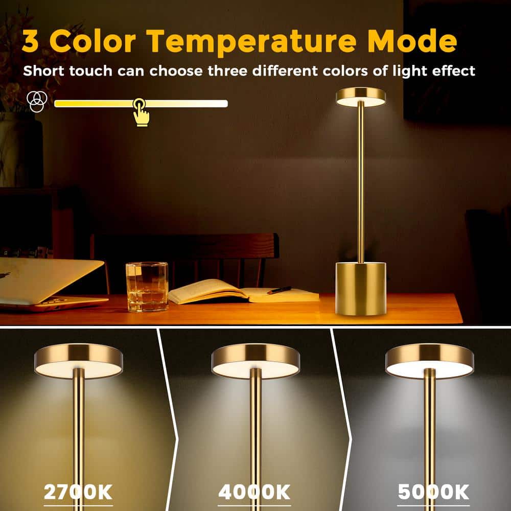 13.4 In. Gold Cordless Rechargeable Integrated LED Table Lamp, Modern Portable Stepless Brightness Desk Lamps (2-Pack)