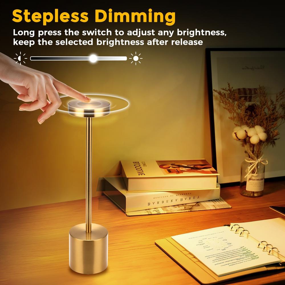 13.4 In. Gold Cordless Rechargeable Integrated LED Table Lamp, Modern Portable Stepless Brightness Desk Lamps (2-Pack)